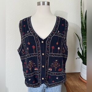 Vintage Navy Corduroy Fall Embroidered Vest‎ Fall pumpkin leaves Birdhouse large
